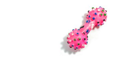 Pembe kauçuk oyuncaklar için köpek izole beyaz zemin üzerine.