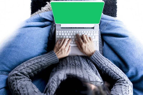ビジネスのための緑の画面とラップトップを使用してトップビューの女性 — ストック写真