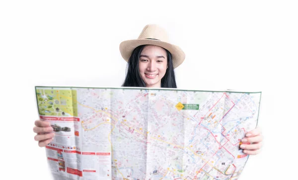 Mujer Sosteniendo Mapa Para Planear Viajes Vacaciones — Foto de Stock