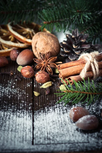 Christmas cookies, spices and nuts — Stock Photo, Image