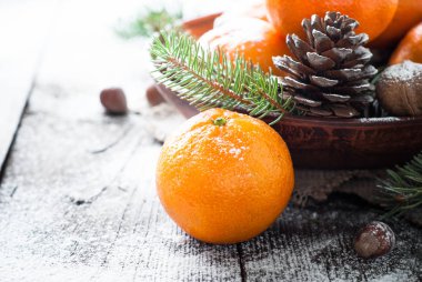 Mandalina, çam ağacı, pinecones ve fındık. Noel yemek süsleri.