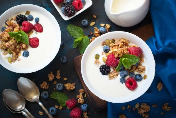 Греческий йогурт с мюсли и свежими ягодами . — стоковое фото