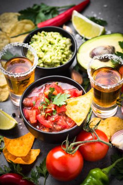 Casual yemek parti sos Guakamole, salsa, cips ve tequi