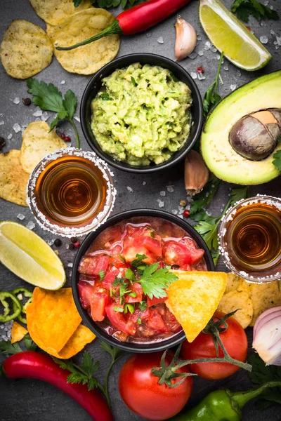 Casual yemek parti sos Guakamole, salsa, cips ve tequi