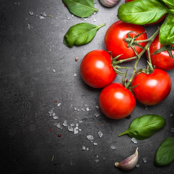 Verse tomaten op zwarte leisteen achtergrond. — Stockfoto