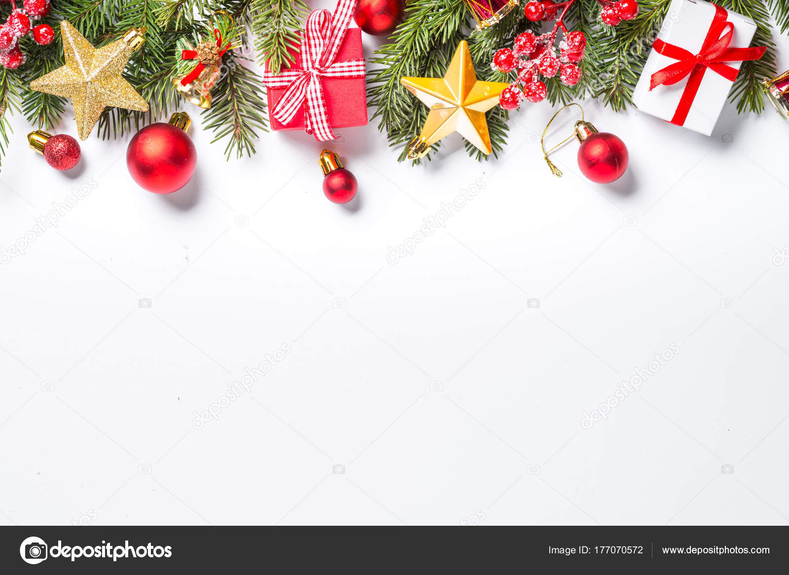 Christmas background with fir tree and decorations on white. Stock ...