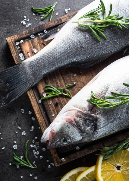 Pescado fresco de lubina sobre negro . —  Fotos de Stock