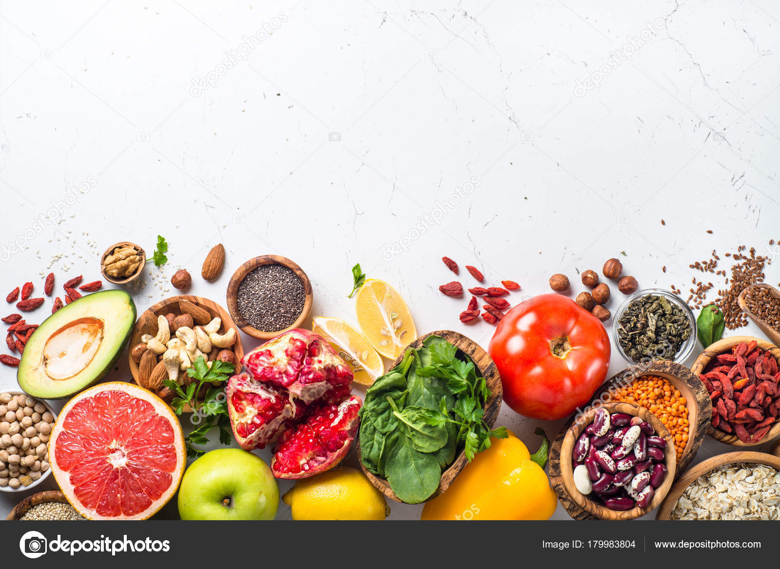 Balanced diet food background. Stock Photo by ©Nadianb 179983804