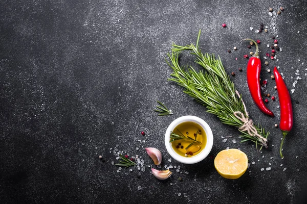Selection of spices and herbs on dark. — Stock Photo, Image