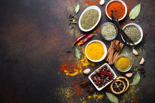 Set of Various spices on dark stone table. — Stock Photo, Image