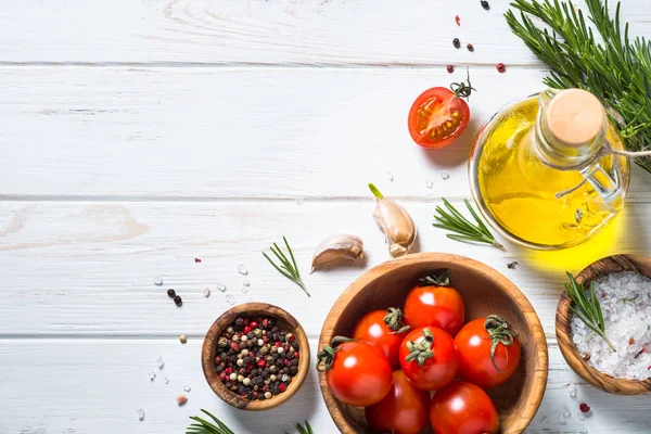 Food background on white wooden table.