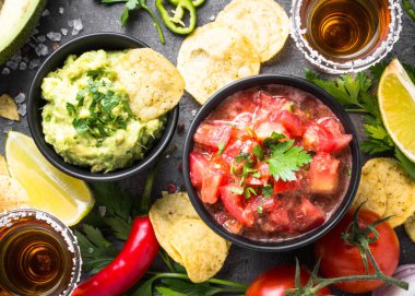 Casual yemek parti sos Guakamole, salsa, cips ve tequi