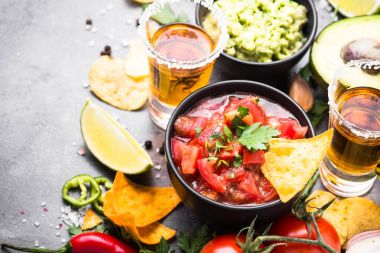 Casual yemek parti sos Guakamole, salsa, cips ve tequi