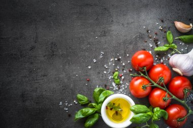 Yemek pişirmek için malzemeler. Gıda arka plan Üstten Görünüm.