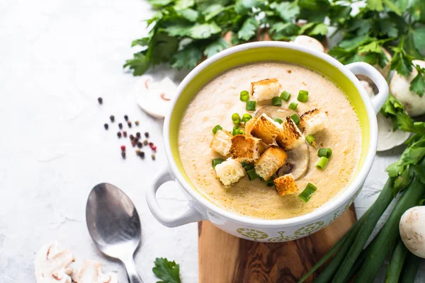 Creamy Mushroom Soup with croutons — Stock Image Creamy Mushroom Soup with croutons Stock Photo