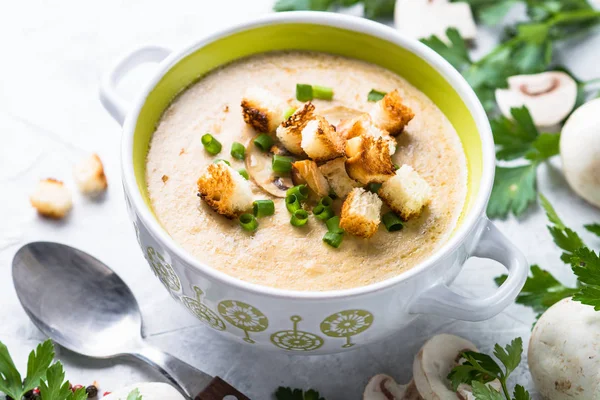 Mushroom Soup puree with croutons — Stock Image Mushroom Soup puree with croutons Stock Photo