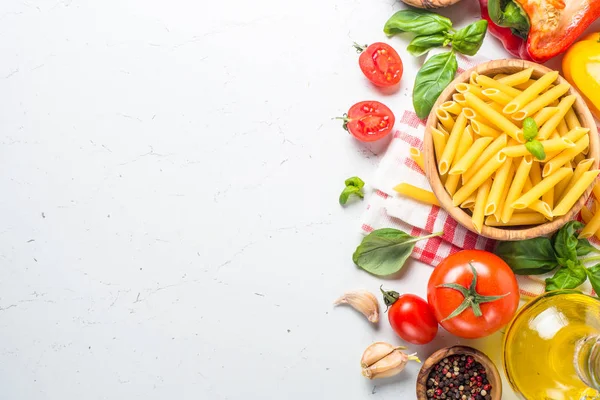 Italian food background on white top view.