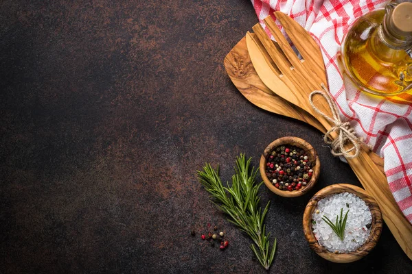 Food background with cooking utensils,  spices and herbs top vie — Stock Photo, Image