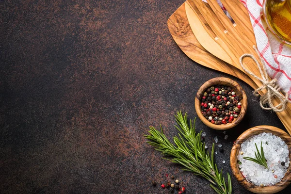 Food background with cooking utensils,  spices and herbs top vie — Stock Photo, Image