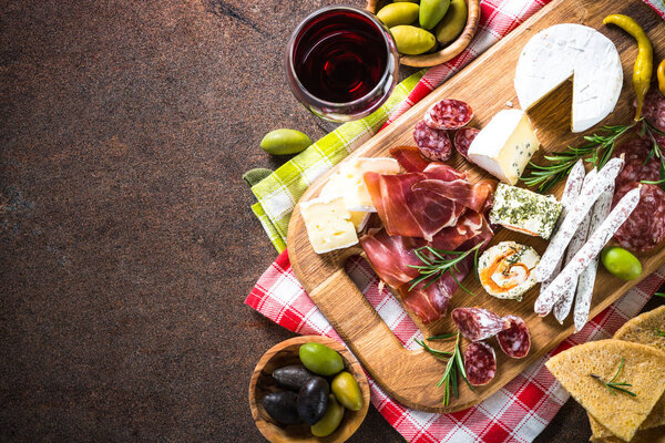 Traditional italian antipasto top view.