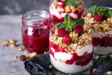 Yoğurt parfafait granola ve cam ahududu.