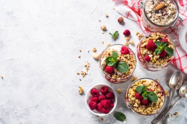 Yoğurt parfafait granola ve ahududu ile ana sayfa görünümü.