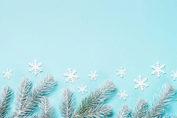 Christmas flat lay background on blue. — Stock Photo, Image