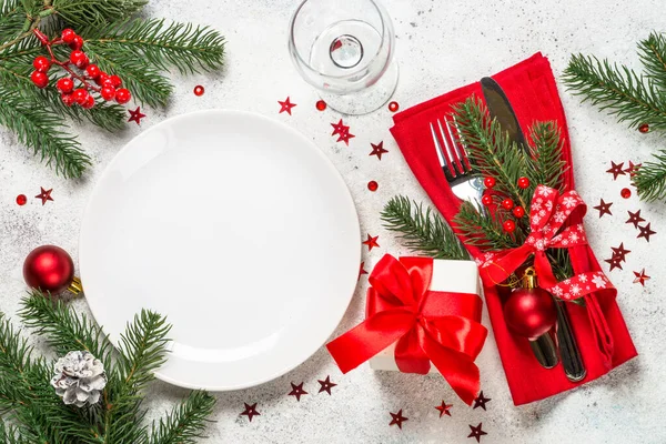 Christmas table setting on white top view. — Stock Photo, Image