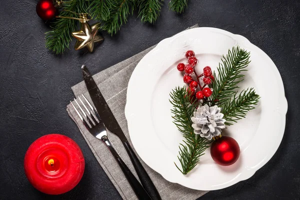 Christmas table setting on black — Stock Photo, Image