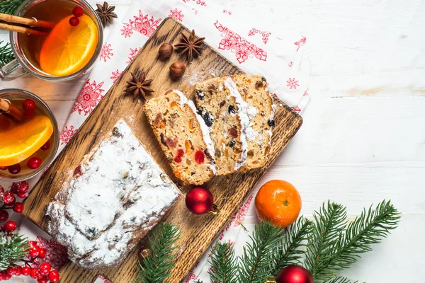 Stollen traditional Christmas ftuitcake with dried fruit and nut — Stock Photo, Image