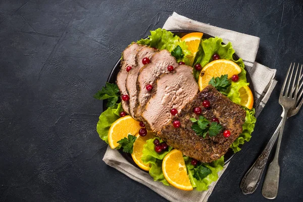 Baked pork meat with cranberry and oranges. — 스톡 사진