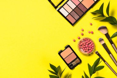 Renk arka planında profesyonel makyaj malzemesi.