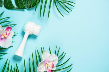 Mavi arkaplanda yüz masajı fırçası.