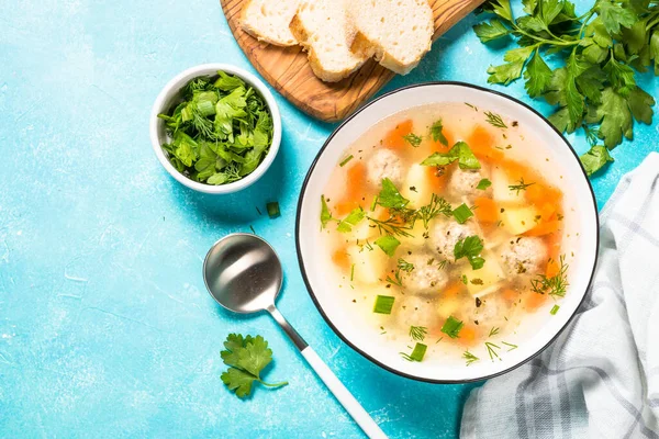 Meatballs soup with vegetables top view. — Stock Photo, Image