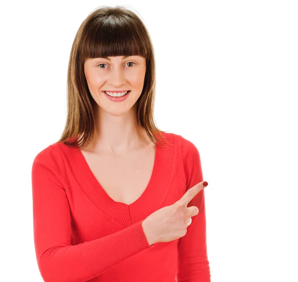 Young woman pointing finger — Stock Photo, Image