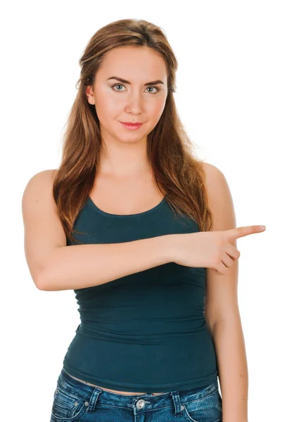 Young woman pointing finger — Stock Photo, Image