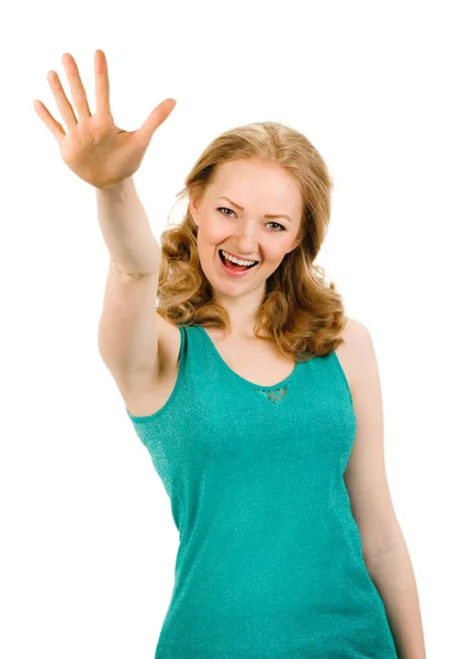 Retrato de mulher sorridente feliz mostrando cinco dedos — Fotografia de Stock