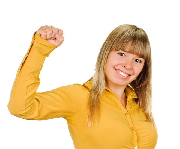 Exited young woman clenched fist arm — Stock Photo, Image