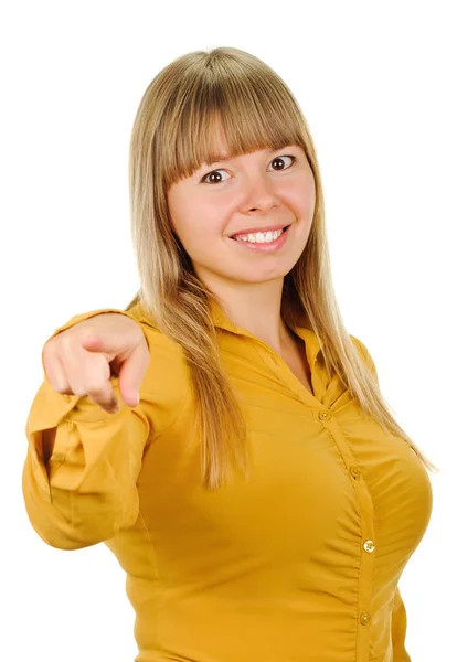 Woman pointing her finger at you — Stock Photo, Image