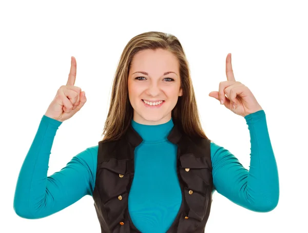 Young womman pointing finges up — Stock Photo, Image