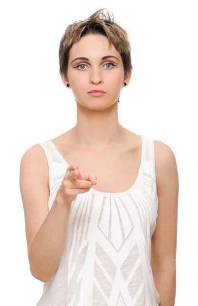 Young woman pointing finger — Stock Photo, Image