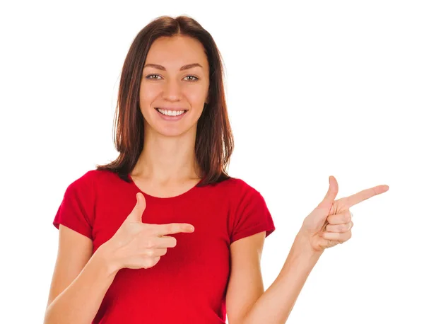 Jonge vrouw wijzend vinger — Stockfoto
