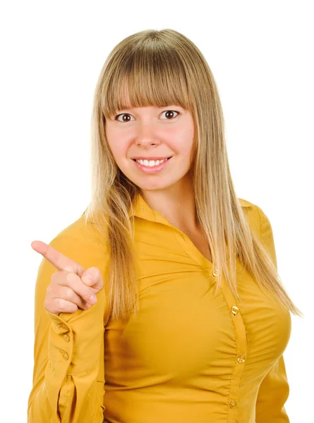 Mladá žena ukazující prstem — Stock fotografie