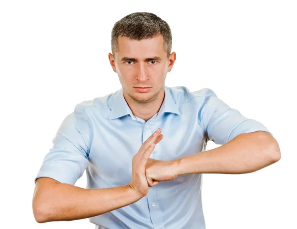 Exited young man kicks air clenched fists arm — Stock Photo, Image