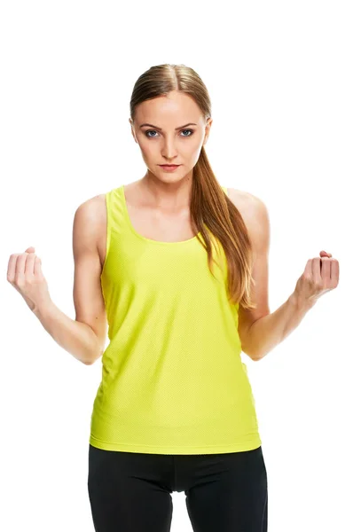 Retrato da aptidão da mulher. mostrando bíceps — Fotografia de Stock