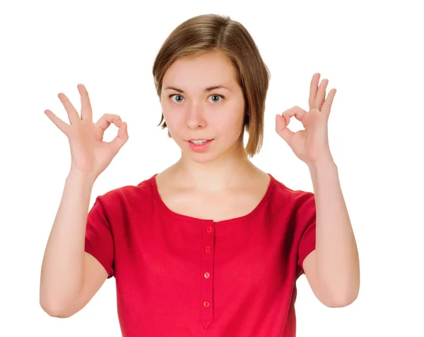 Young lady indicating ok sign — Stock Photo, Image