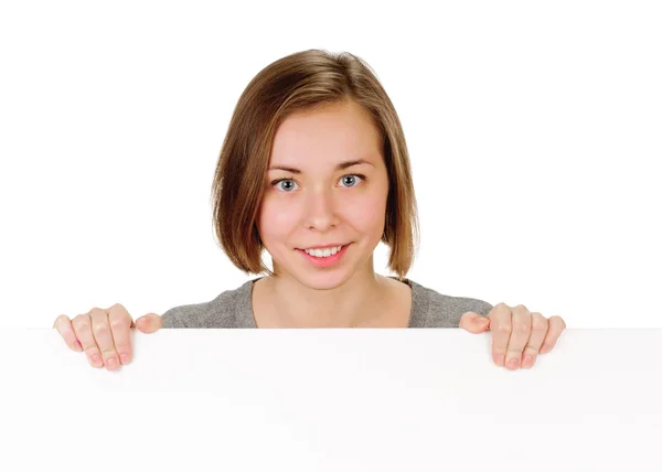 Young woman with blank billboard — Stock Photo, Image