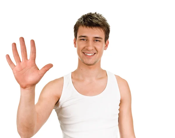 Portrait of happy smiling man showing five fingers — Stock Photo, Image