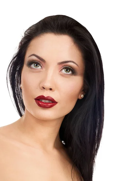 아름 다운 여자 빨간 입술 메이크업 — 스톡 사진