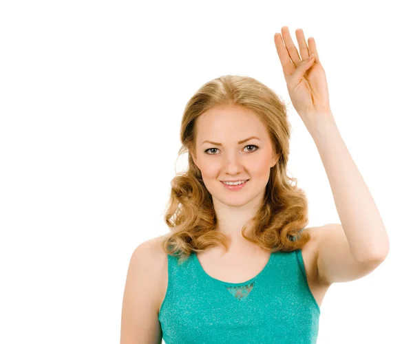 Portrait of happy smiling woman showing four fingers — Stock Photo, Image